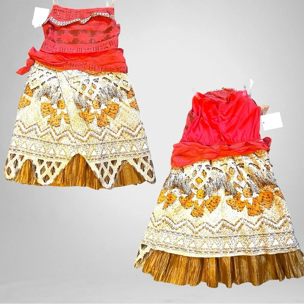 Disney Moana Girls Costume Dress Red Top Grass Skirt Halloween Size XS (4/5)